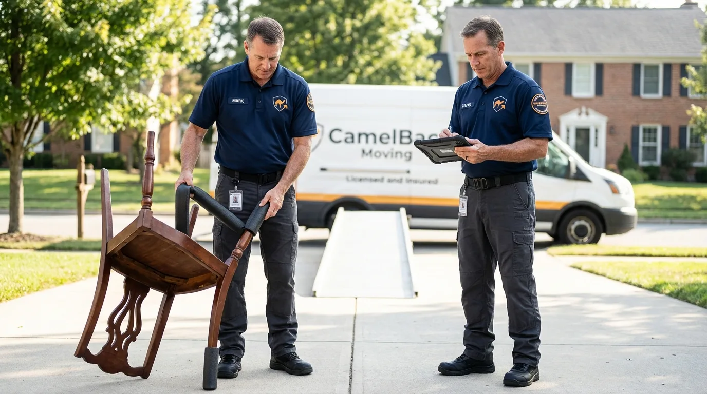 Movers inspecting furniture for damage prevention before loading in Port Wentworth, GA