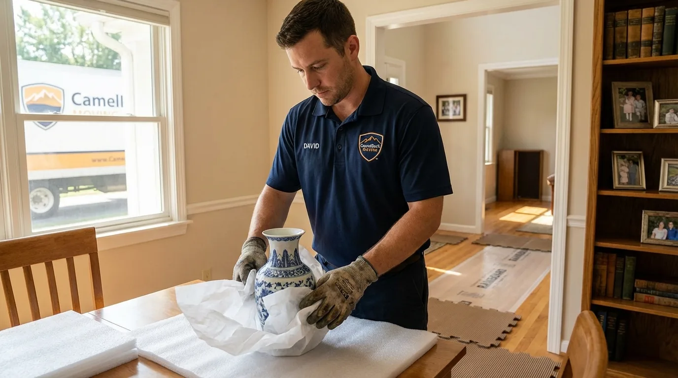 Professional crew carefully wrapping antique vase for senior downsizing move in Port Wentworth, GA
